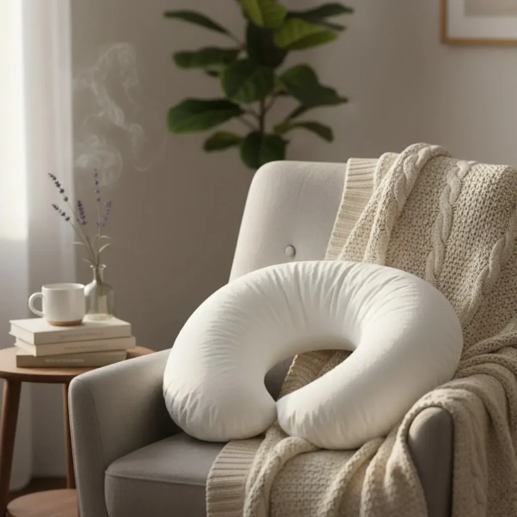 Espace cosy pour une séance d’accompagnement périnatal, avec fauteuil, plaid et coussin d’allaitement