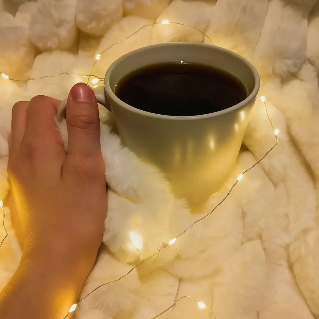 Ambiance cosy avec tasse de café et plaid pour représenter un moment de pause à domicile pour les jeunes parents